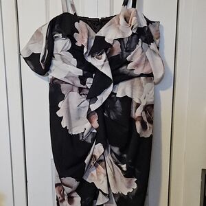 City Chic Asymmetrical Dress in Black and Pink Floral